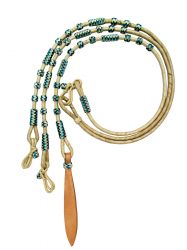 Showman Braided Natural Rawhide Romal Reins with Leather Popper and Blue Rawhide Beads